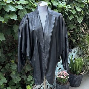 1980’s Studio Milano Batwing Black Leather Draped Single Button Jacket